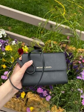 Michael Kors Black Saffiano Crossbody Wallet with Gold Logo